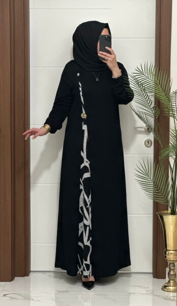 2828 K120 SİYAH-BEYAZ BELİ DÜĞMELİ ZERDA ELBİSE - 2