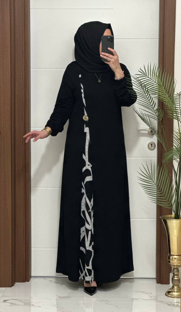 2828 K120 SİYAH-BEYAZ BELİ DÜĞMELİ ZERDA ELBİSE - 2