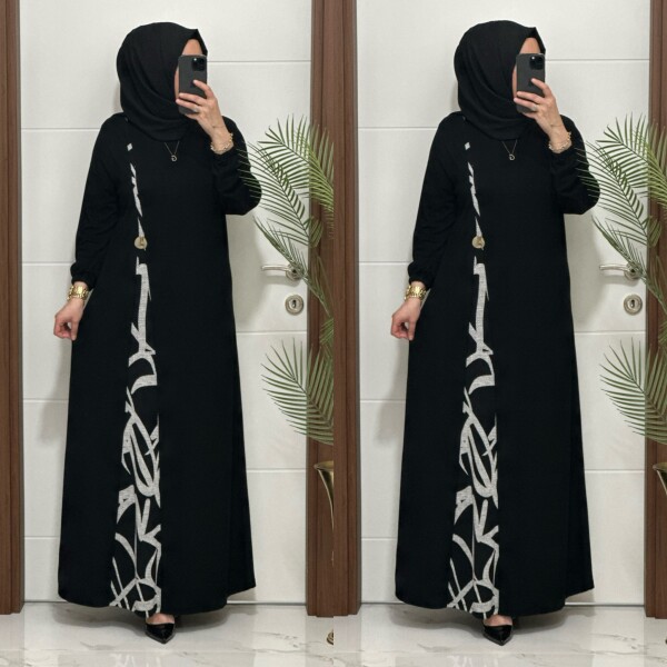 2828 K120 SİYAH-BEYAZ BELİ DÜĞMELİ ZERDA ELBİSE - 3