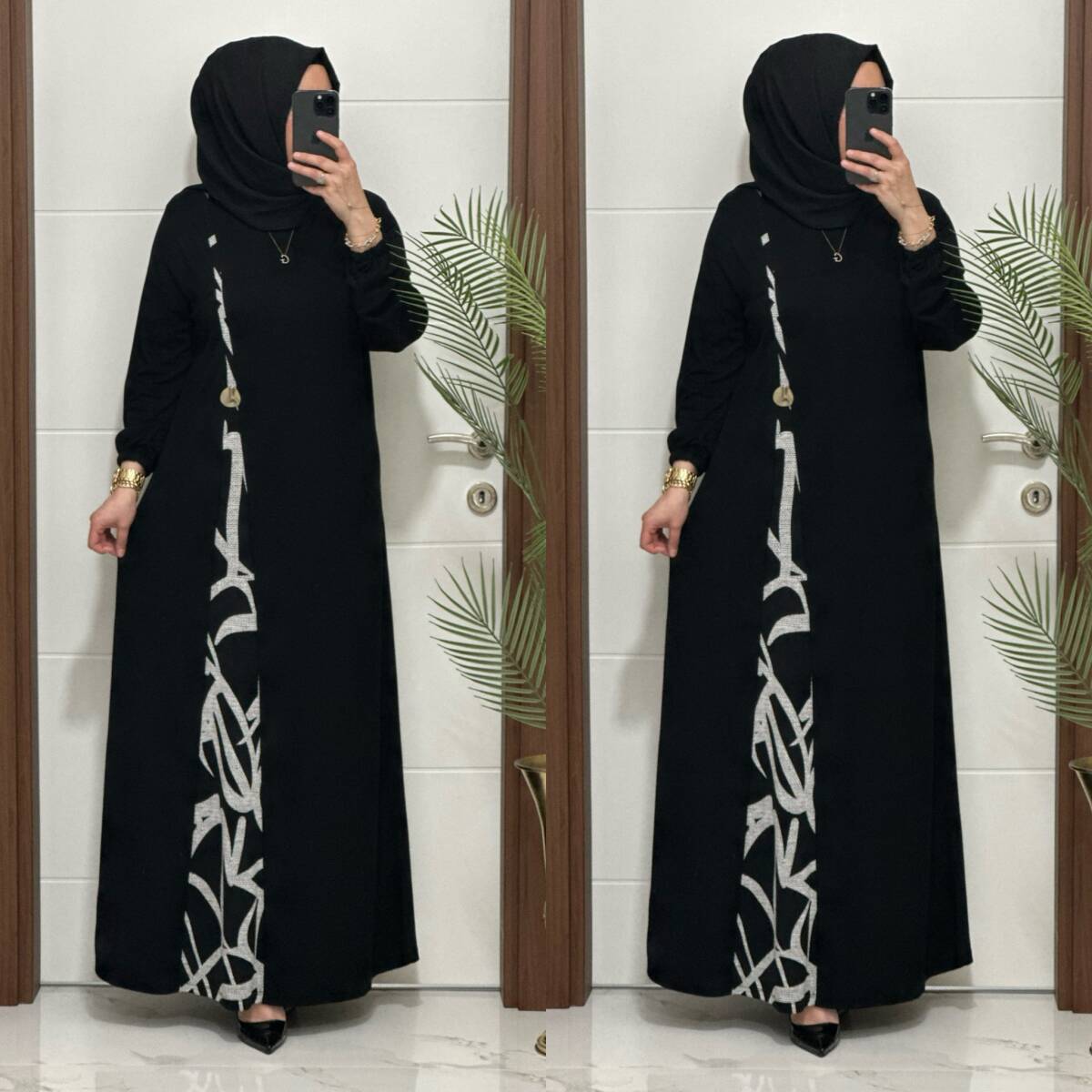 2828 K120 SİYAH-BEYAZ BELİ DÜĞMELİ ZERDA ELBİSE - 3