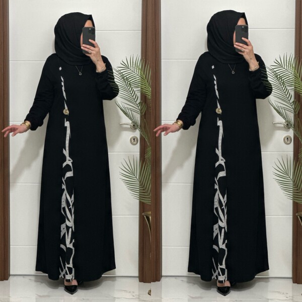 2828 K120 SİYAH-BEYAZ BELİ DÜĞMELİ ZERDA ELBİSE - 4