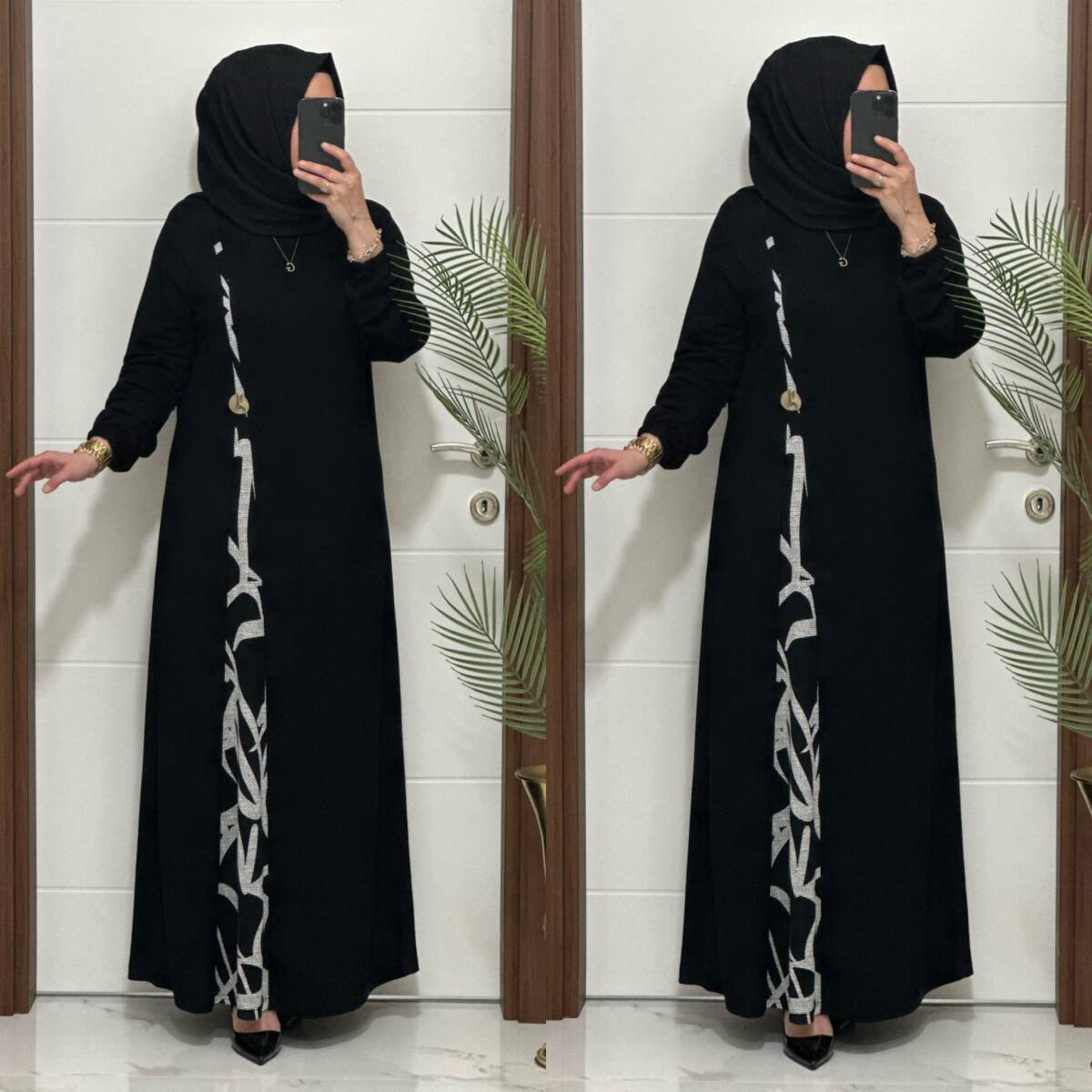 2828 K120 SİYAH-BEYAZ BELİ DÜĞMELİ ZERDA ELBİSE - 4