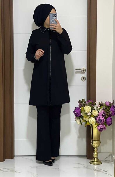 3117 K60 SİYAH TAŞLI TUNİK - MODA ALMİRA