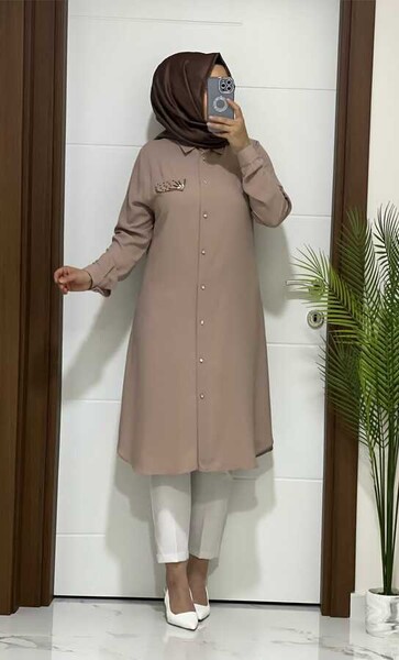 3125 K60 TAŞ RENGİ TAŞ DETAY TUNİK - MODA ALMİRA