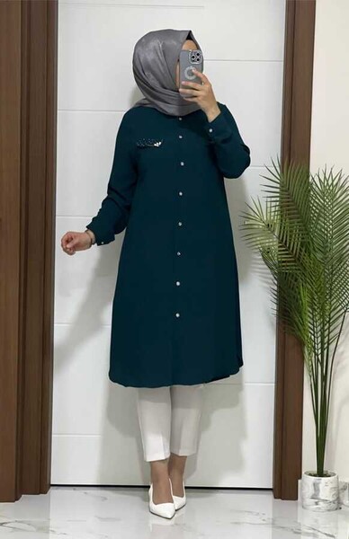 3125 K60 PETROL YEŞİLİ TAŞ DETAY TUNİK - MODA ALMİRA