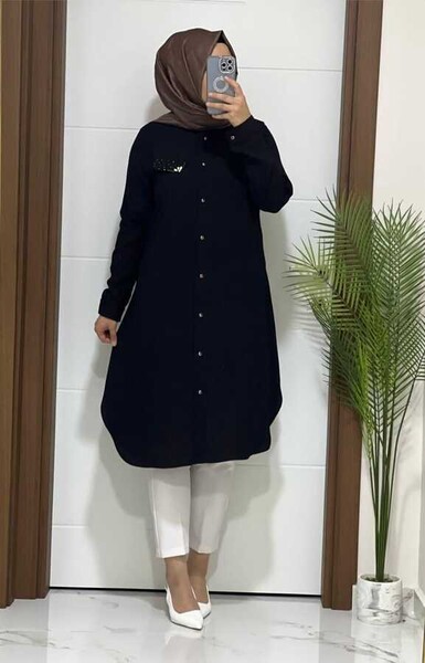 3125 K60 SİYAH TAŞ DETAY TUNİK - MODA ALMİRA