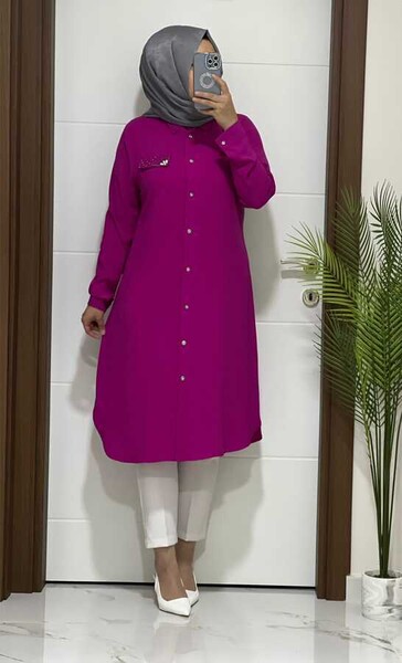 3125 K60 FUŞYA TAŞ DETAY TUNİK - MODA ALMİRA