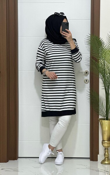 8770 K30 YENİ SEZON ÇİZGİLİ SİYAH BÜYÜK BEDEN TUNİK - MODA ALMİRA