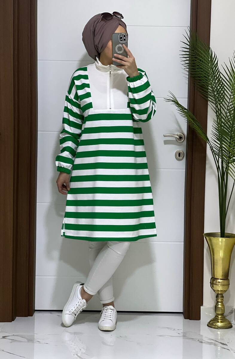 5000 K25 BENETTON YEŞİLİ FERMUARLI ÇİZGİLİ TUNİK - 4
