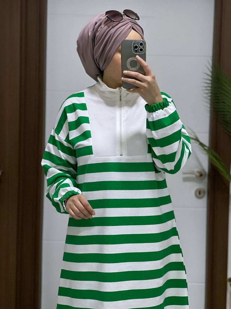 5000 K25 BENETTON YEŞİLİ FERMUARLI ÇİZGİLİ TUNİK - 2