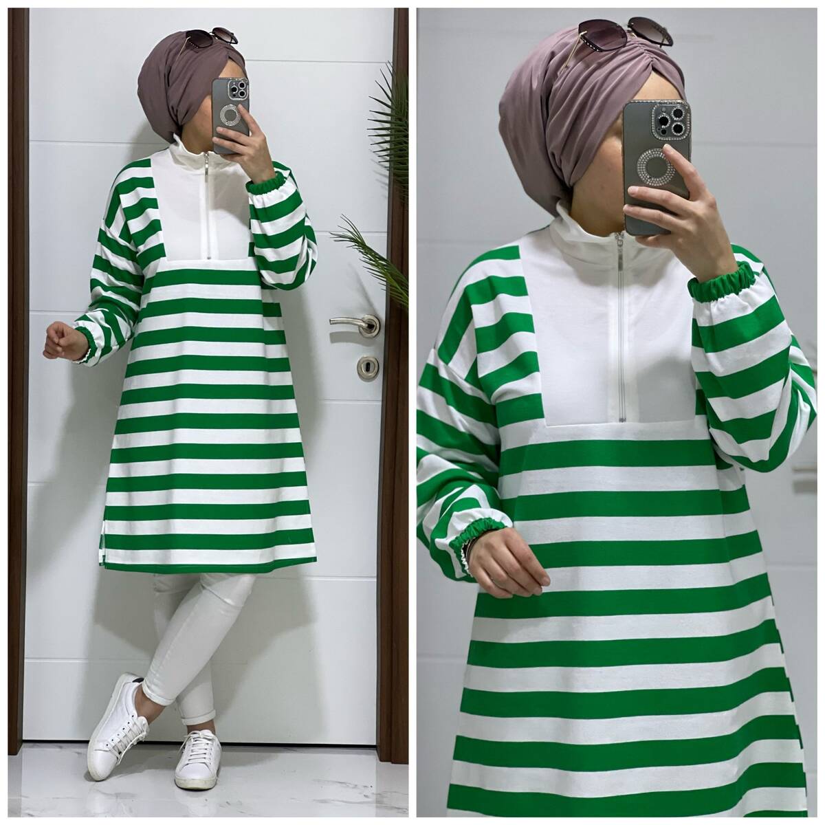 5000 K25 BENETTON YEŞİLİ FERMUARLI ÇİZGİLİ TUNİK - 6