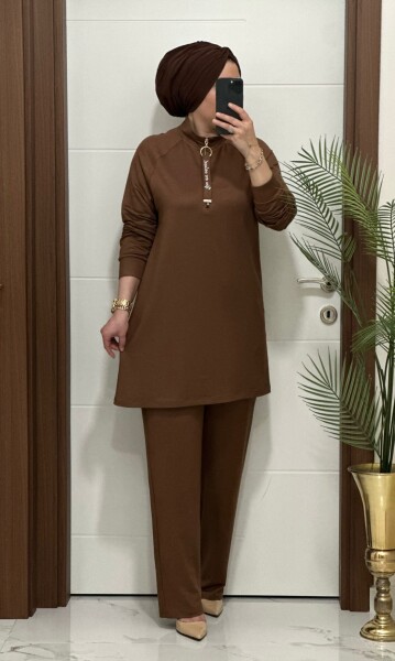 5225 K 120 KAHVERENK FERMUARLI YAZILI İKİLİ TAKIM - MODA ALMİRA