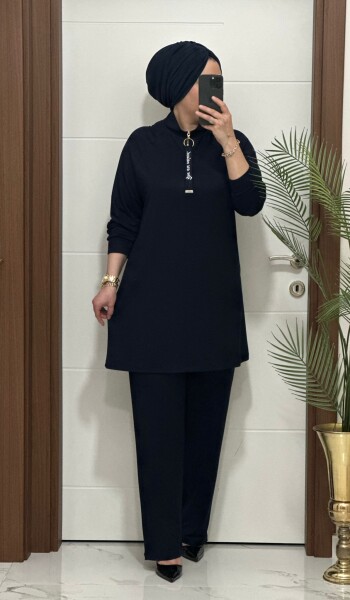 5225 K 120 LACİVERT FERMUARLI YAZILI İKİLİ TAKIM - MODA ALMİRA