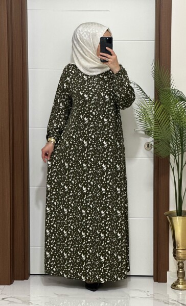 6220 K100 HAKİ BATTAL BEDEN ÖNÜ DÜĞMELİ PENYE ELBİSE - MODA ALMİRA