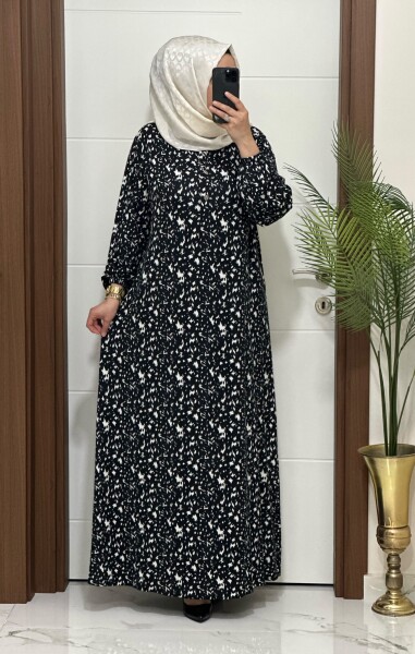 6220 K100 SİYAH BATTAL BEDEN ÖNÜ DÜĞMELİ PENYE ELBİSE - MODA ALMİRA