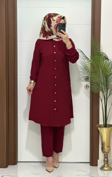 7676 K 150 BORDO DÜGME DETAYLI EFSUN TAKIM - MODA ALMİRA