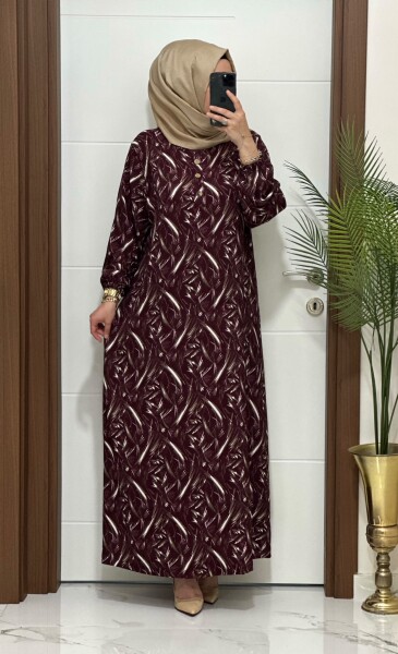 6235 K100 BORDO ÖNÜ DÜĞMELİ BATTAL BEDEN BÜRÜMCÜK ELBİSE - MODA ALMİRA