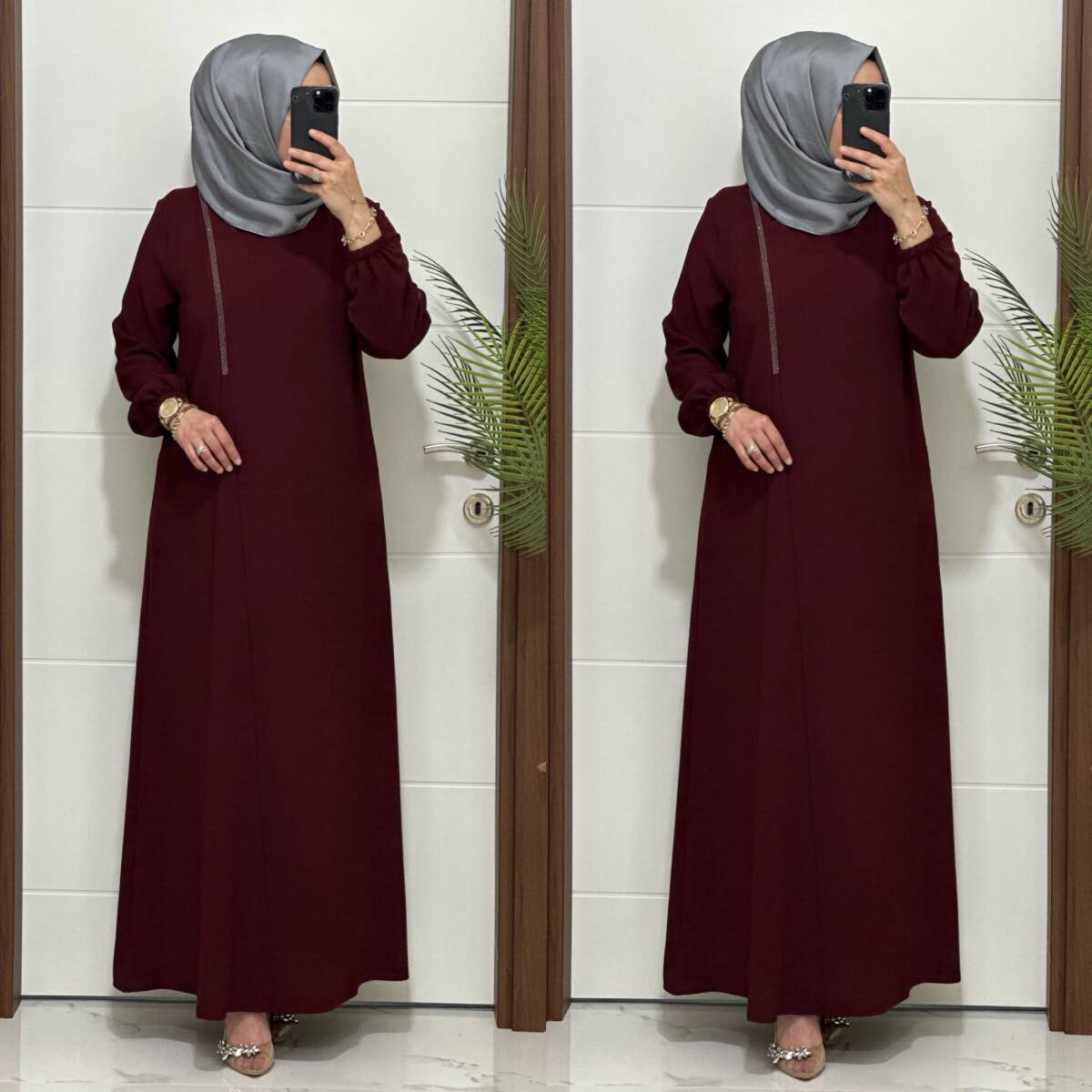 6237 K 150 BORDO KREP KUMAŞ TAŞLI GÜLŞEN ELBİSE - 4