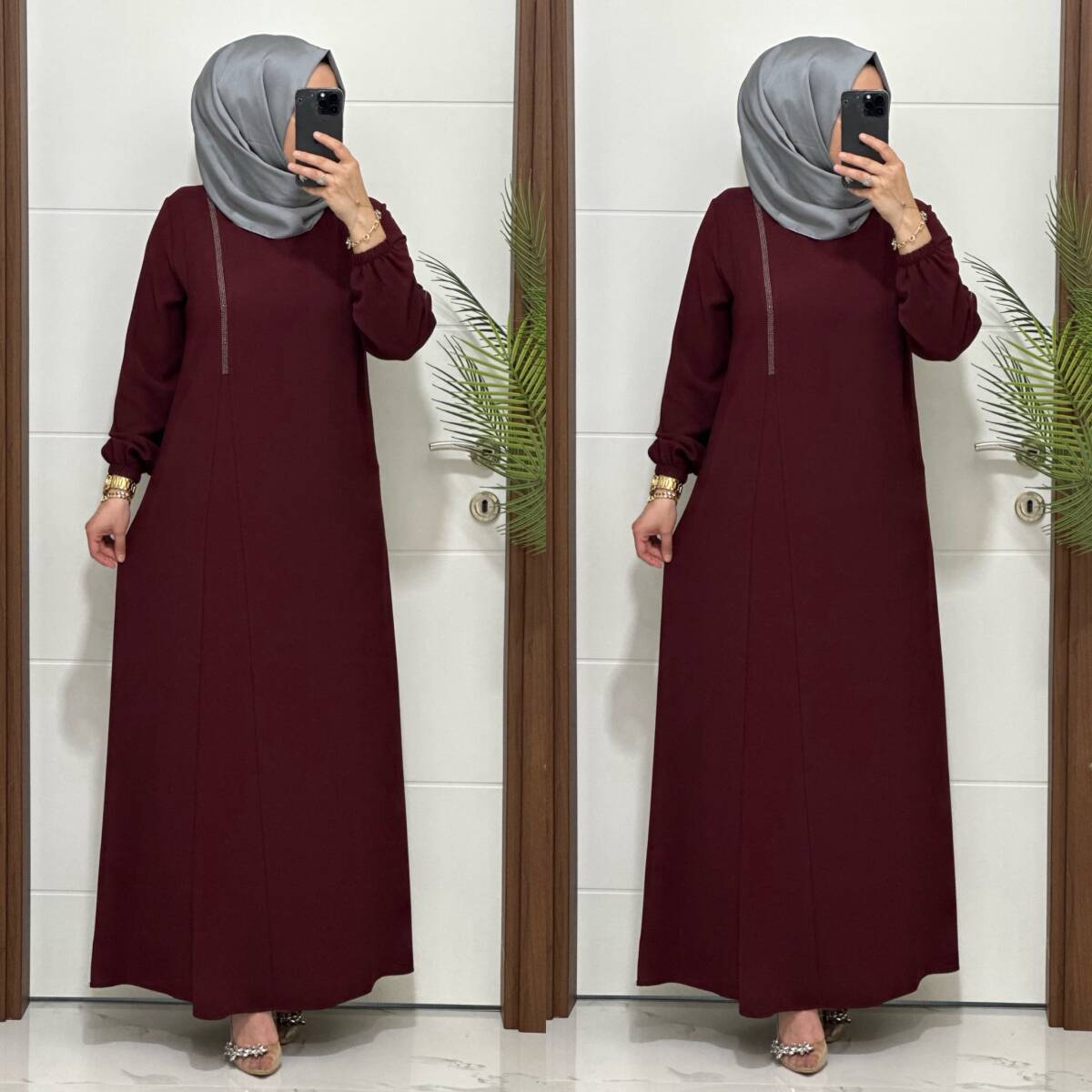 6237 K 150 BORDO KREP KUMAŞ TAŞLI GÜLŞEN ELBİSE - 3