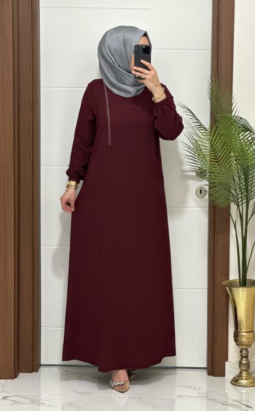 6237 K 150 BORDO KREP KUMAŞ TAŞLI GÜLŞEN ELBİSE - MODA ALMİRA