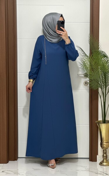 6237 K 150 İNDİGO KREP KUMAŞ TAŞLI GÜLŞEN ELBİSE - MODA ALMİRA