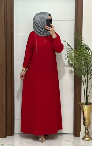 6237 K 150 KIRMIZI KREP KUMAŞ TAŞLI GÜLŞEN ELBİSE - MODA ALMİRA