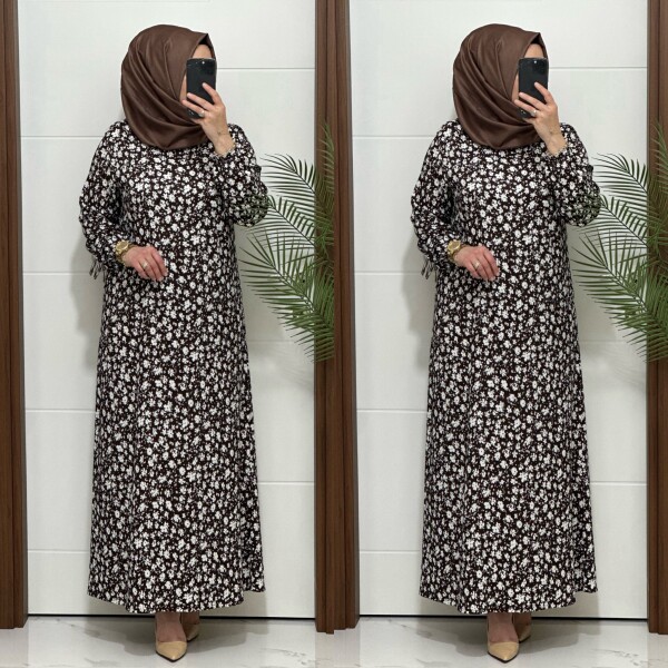 6315 K 80 KAHVE ÇİÇEK DESEN BÜRÜMCÜK ELBİSE - 4