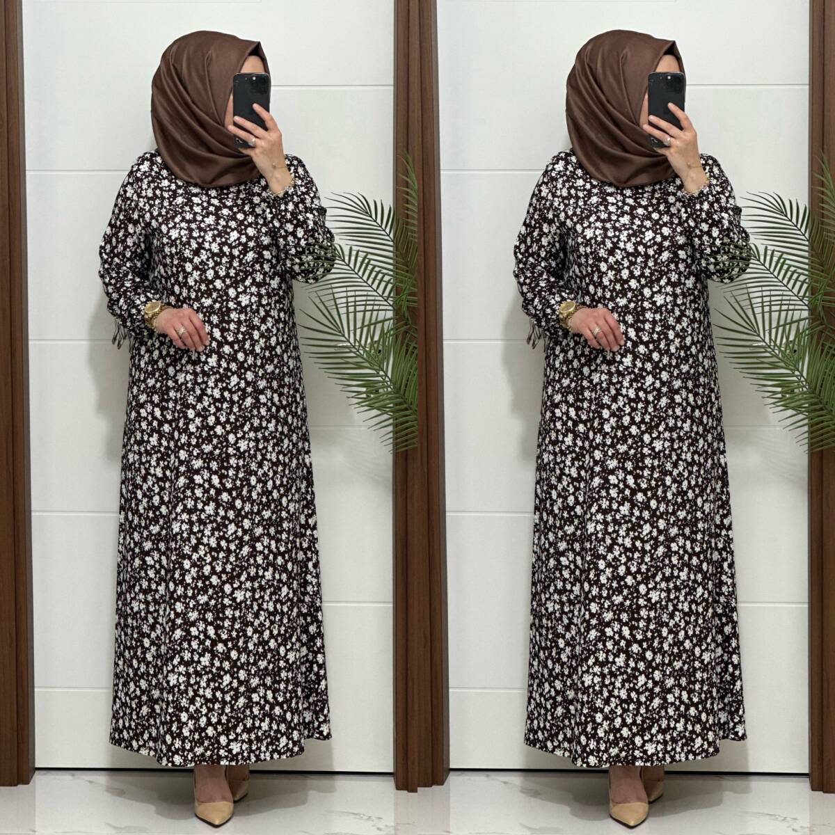 6315 K 80 KAHVE ÇİÇEK DESEN BÜRÜMCÜK ELBİSE - 4