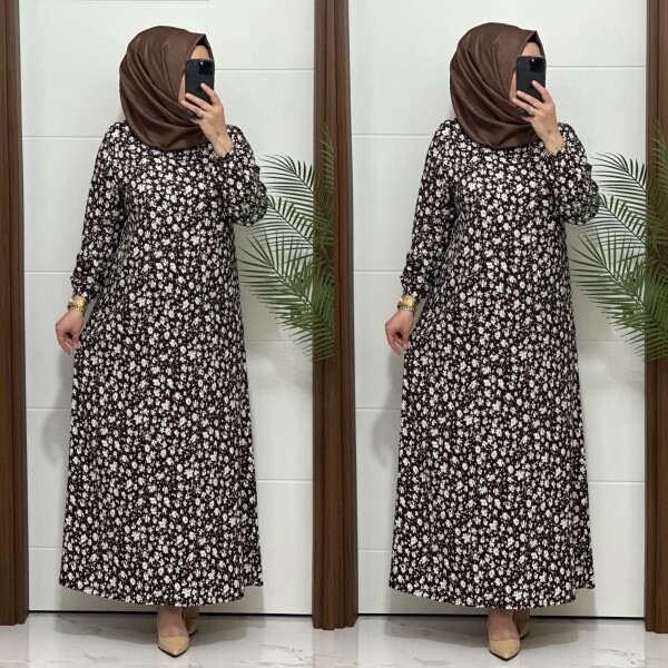 6315 K 80 KAHVE ÇİÇEK DESEN BÜRÜMCÜK ELBİSE - 3