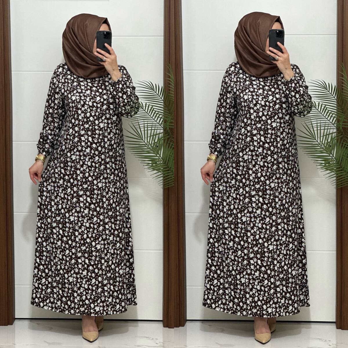 6315 K 80 KAHVE ÇİÇEK DESEN BÜRÜMCÜK ELBİSE - 3