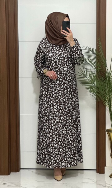 6315 K 80 KAHVE ÇİÇEK DESEN BÜRÜMCÜK ELBİSE - 2