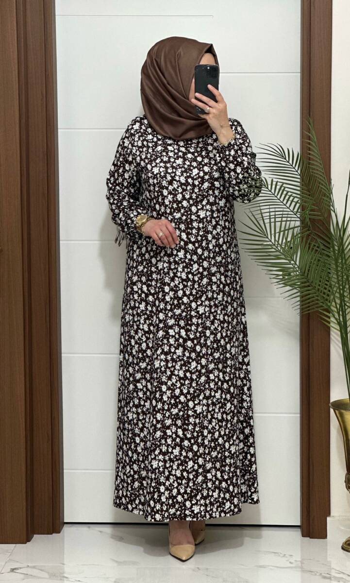 6315 K 80 KAHVE ÇİÇEK DESEN BÜRÜMCÜK ELBİSE - 2