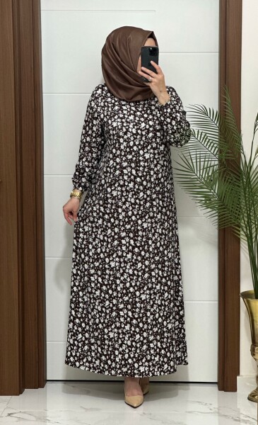 6315 K 80 KAHVE ÇİÇEK DESEN BÜRÜMCÜK ELBİSE - MODA ALMİRA