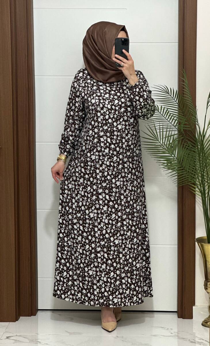 6315 K 80 KAHVE ÇİÇEK DESEN BÜRÜMCÜK ELBİSE - 1