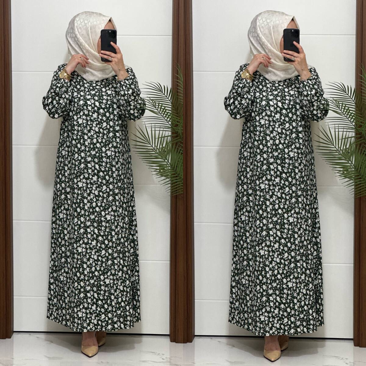 6315 K 80 YEŞİL ÇİÇEK DESEN BÜRÜMCÜK ELBİSE - 3