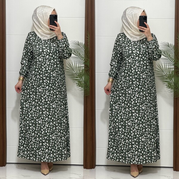 6315 K 80 YEŞİL ÇİÇEK DESEN BÜRÜMCÜK ELBİSE - 4