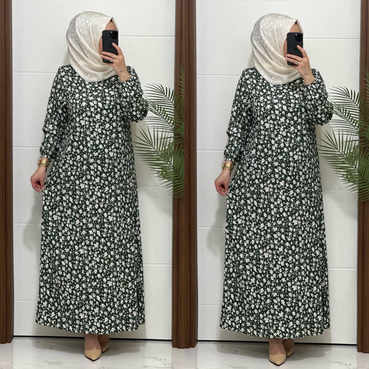 6315 K 80 YEŞİL ÇİÇEK DESEN BÜRÜMCÜK ELBİSE - 4