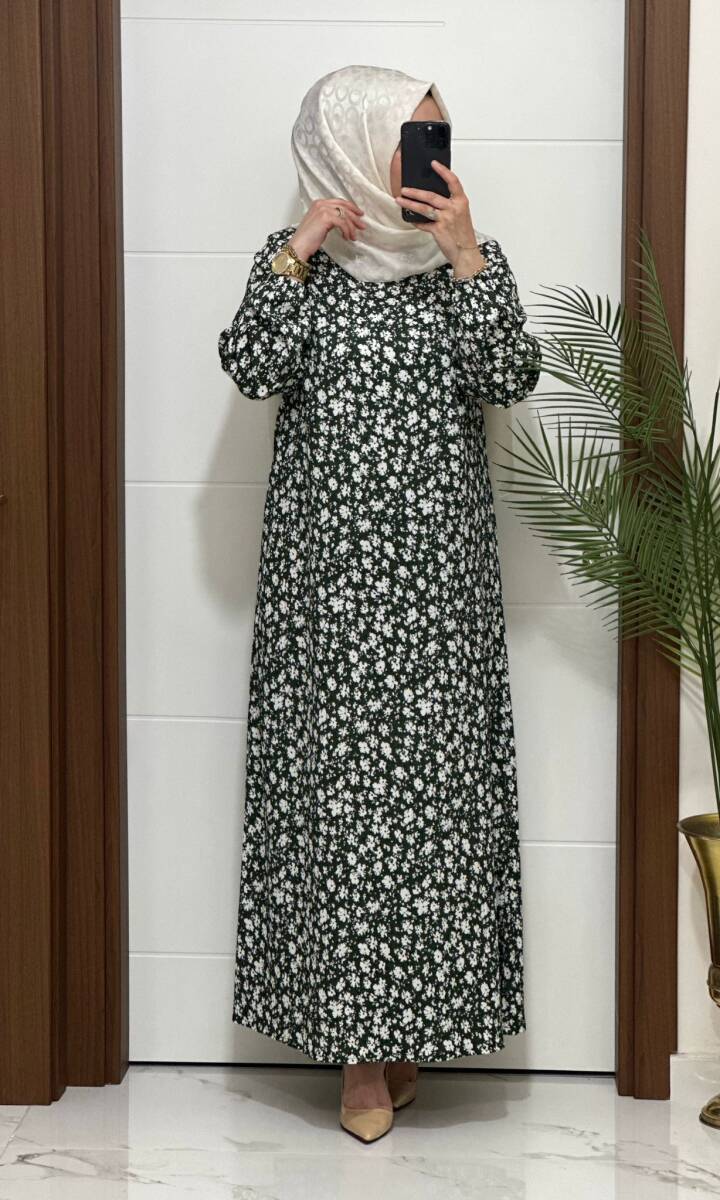 6315 K 80 YEŞİL ÇİÇEK DESEN BÜRÜMCÜK ELBİSE - 2