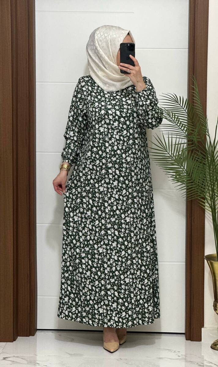6315 K 80 YEŞİL ÇİÇEK DESEN BÜRÜMCÜK ELBİSE - 1