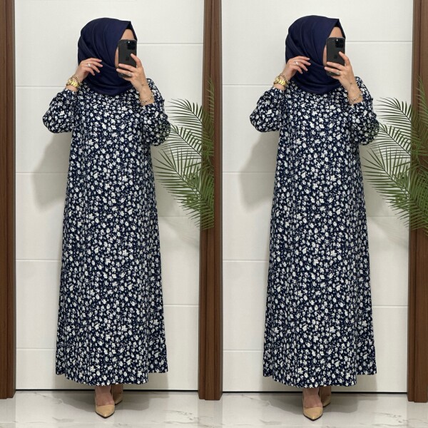 6315 K 80 LACİVERT ÇİÇEK DESEN BÜRÜMCÜK ELBİSE - 3