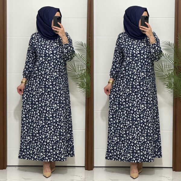 6315 K 80 LACİVERT ÇİÇEK DESEN BÜRÜMCÜK ELBİSE - 4