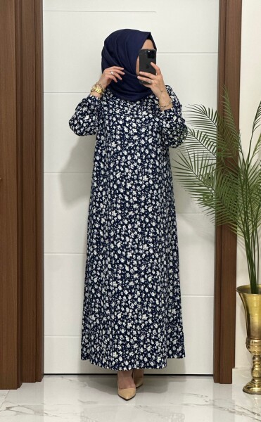 6315 K 80 LACİVERT ÇİÇEK DESEN BÜRÜMCÜK ELBİSE - 2