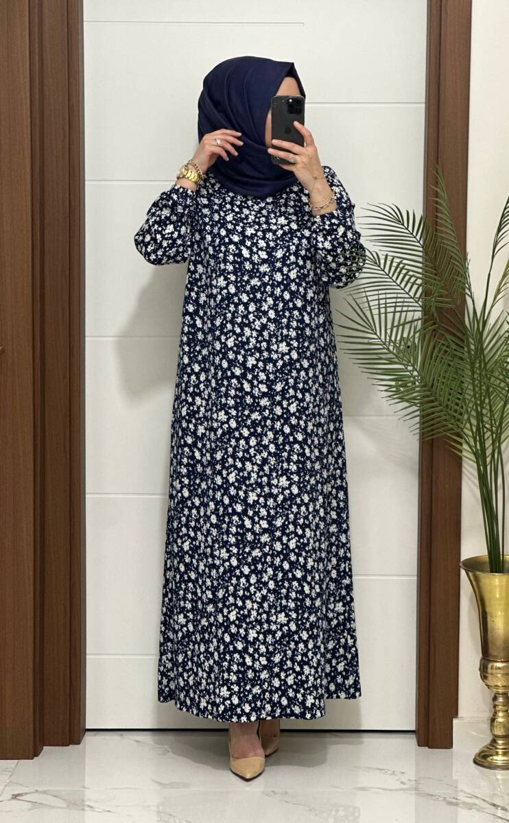 6315 K 80 LACİVERT ÇİÇEK DESEN BÜRÜMCÜK ELBİSE - 2