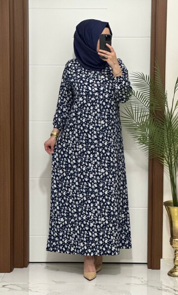 6315 K 80 LACİVERT ÇİÇEK DESEN BÜRÜMCÜK ELBİSE - MODA ALMİRA