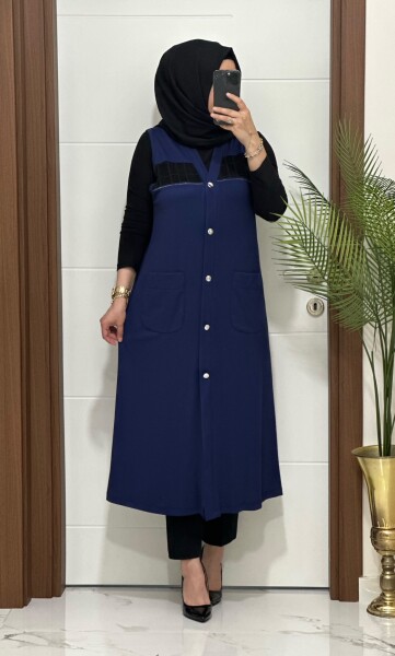 6457 İNDİGO FİLE DETAY CEPLİ UZUN YELEK - MODA ALMİRA