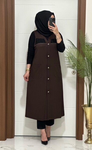 6457 KAHVE FİLE DETAY CEPLİ UZUN YELEK - MODA ALMİRA