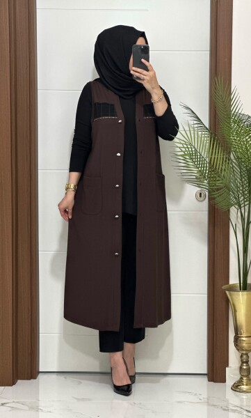 6457 KAHVE FİLE DETAY CEPLİ UZUN YELEK - 3