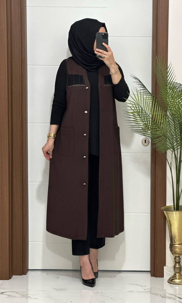 6457 KAHVE FİLE DETAY CEPLİ UZUN YELEK - 3