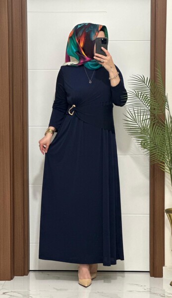 6621 K 170 LACİVERT BEL TOKALI SANDY ELBİSE - MODA ALMİRA