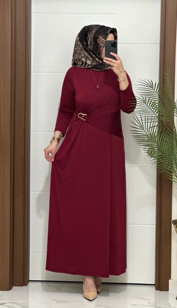 6621 K 170 BORDO BEL TOKALI SANDY ELBİSE - MODA ALMİRA